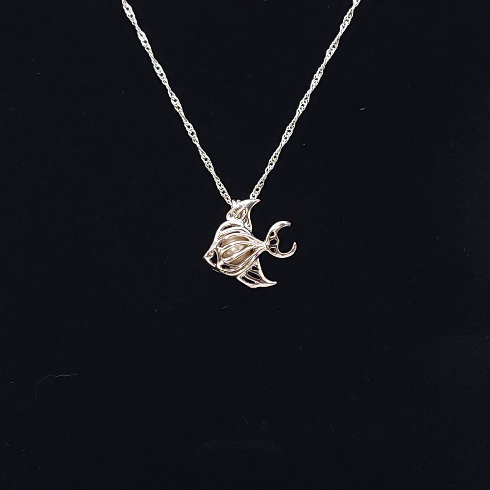 Silver Tone Angel Fish Necklace Faux Pearl Ocean Pendant 17in